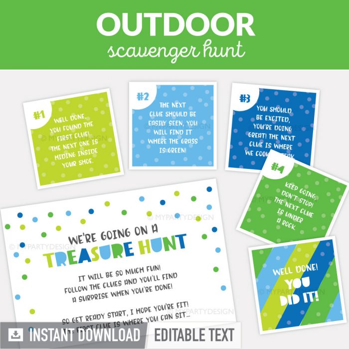 Scavenger clues treasure printable editable clue mypartydesign